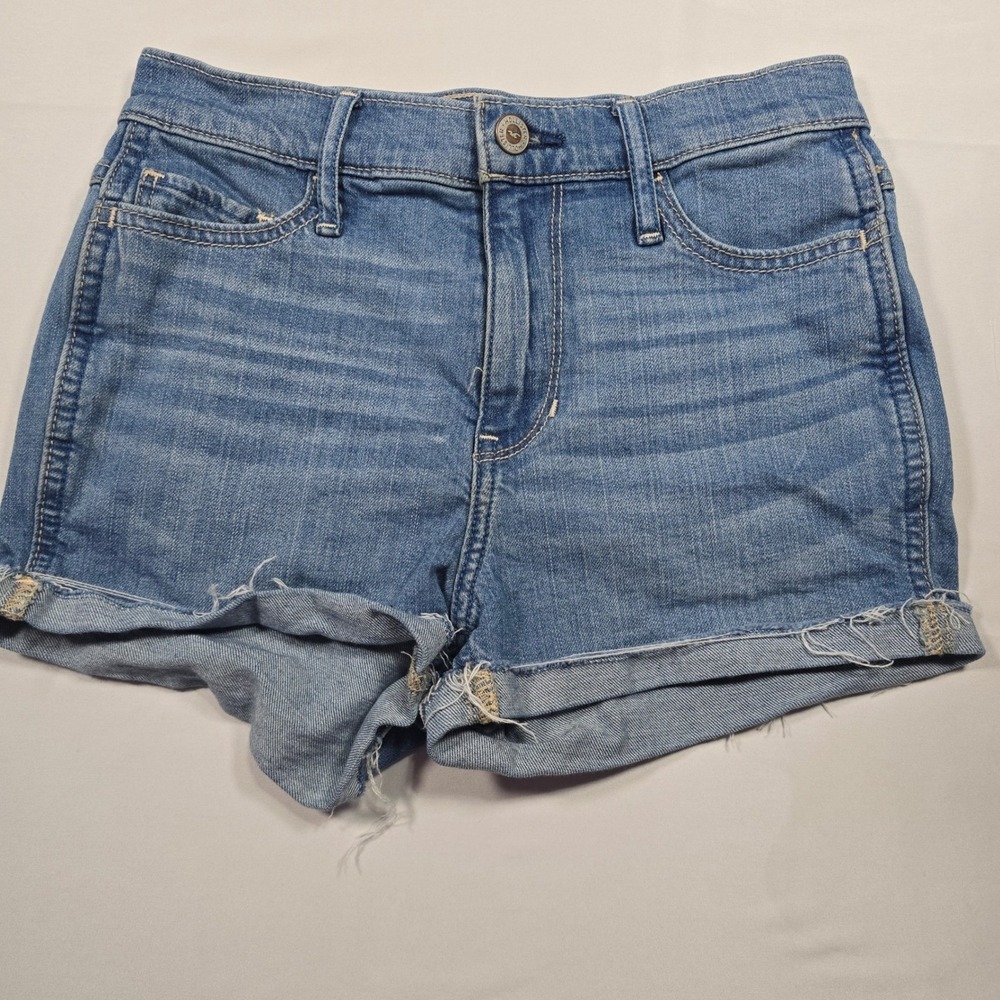 Hollister High Rise Denim Shorts Womens 0 W24 Blue Medium Wash‎ Raw Hem Cuffed
